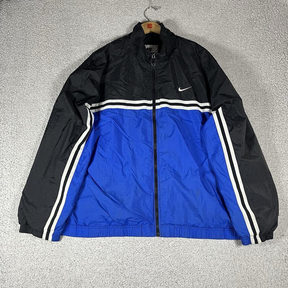 Nike Jacket Mens 2XL Blue Stripe Y2K Full Zip Swoosh Windbreaker Vintage 90s